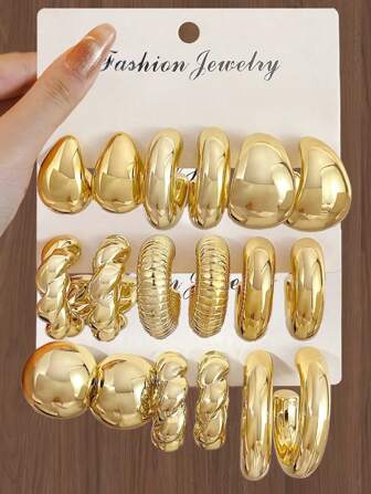 مجموعة 2/6/12/18 قطعة من أقراط معدنية ذات شكل قطرة الماء وشكل C والتواء، بلون ذهبي أنيق