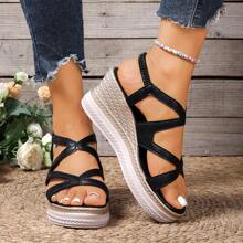 2025 New Fashion Comfortable Black Wedge Casual Cross Strap Women Sandals