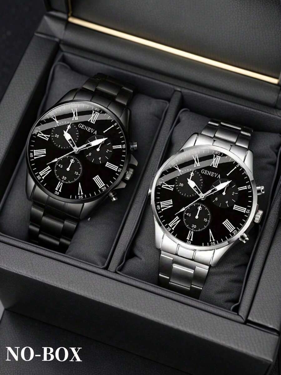 2 piezas Nuevo conjunto de relojes casuales de negocios de cuarzo redondos para hombres, regalo de San Valentín, Año Nuevo, cumpleaños para familiares y amigos - Negro - Ver 1