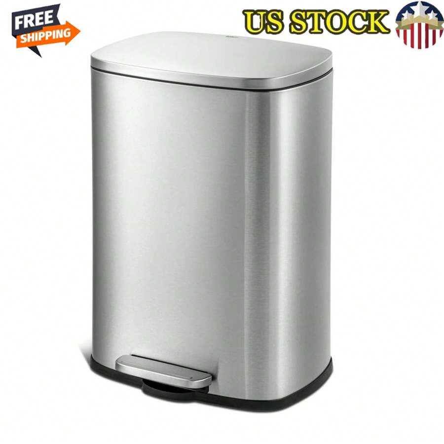 Large Rectangular Stainless Steel Trash Can Soft Close Foot Pedal Kitchen Waste