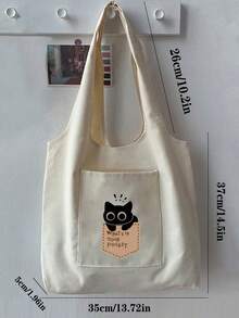 1pc Women's Beige Canvas Tote Bag With Black Cat Print, Shopping Shoulder Bag
