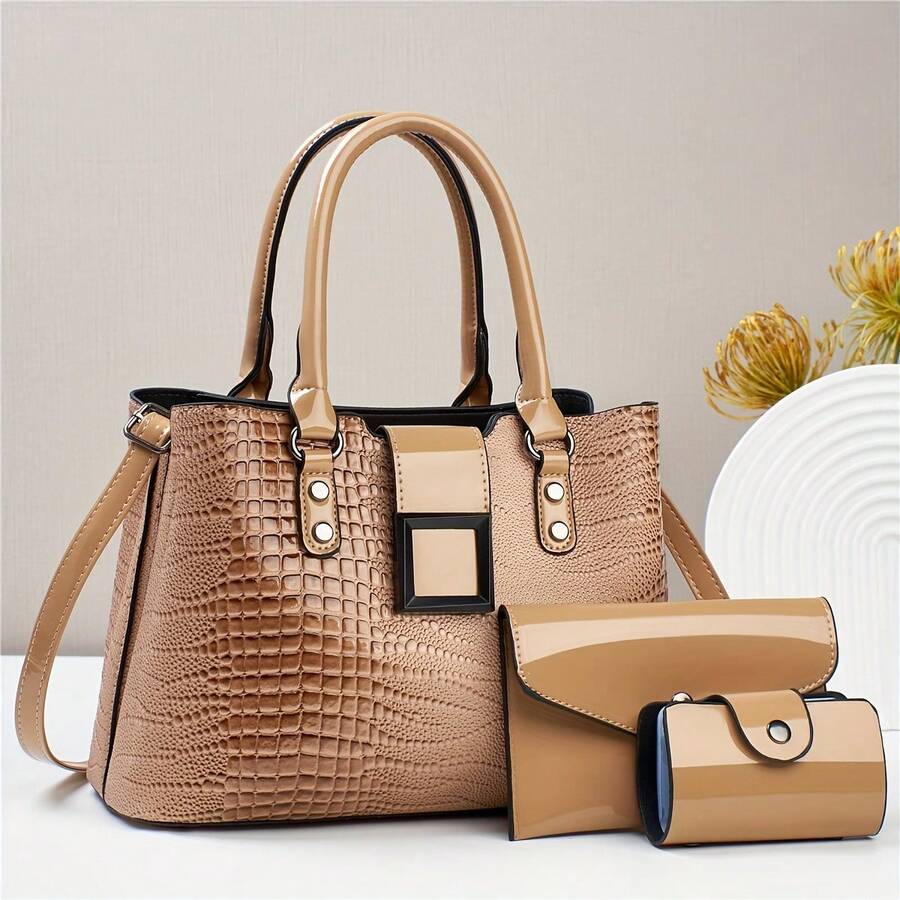 Retro Crocodile Pattern Purses And Handbags For Women Fashion Shoulder Crossbody Tote Bags Stylish Ladies Purse Set - 卡其色 - 查看 1