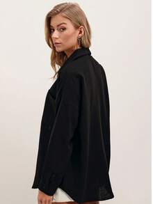 Camisa grande básica, camisa casual de unicolor con bolsillo con botones delanteros - Negro - Ver 6