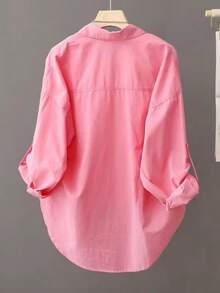 Women Casual Versatile Solid Color Roll Up Sleeve Shirt