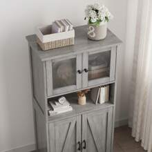 Mueble de baño de 128 cm de alto, armario de almacenamiento independiente, armario de despensa de cocina con puertas de cristal y estantes ajustables, armario de pie, armario de almacenamiento para salón, gris