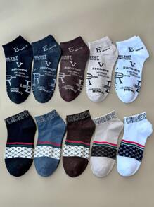 5 Pairs/10 Pairs Women Short Socks, Multi-Color Letter & Stripe Pattern, French Luxurious Retro Style, Fashion Versatile Ladies Socks For Spring & Summer