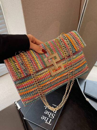 1 pièce Sangle de sac à main tressée en paille de forme carrée aux couleurs arc-en-ciel, accessoire de mode polyvalent pour femmes
