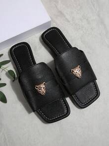 Dép đế bằng mũi vuông màu đen dành cho nữ có khóa đầu bằng da báo kim loại, dép xỏ ngón quai nổi, dép đi biển, thời trang thanh lịch, giản dị, đa năng, hàng mới về cho mùa hè - màu đen - Xem 7