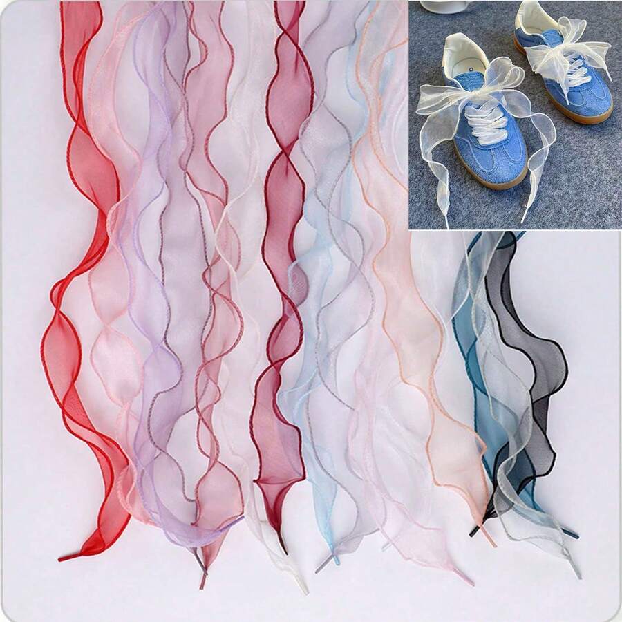 1 Pair Ribbon Shoelace, Satin Chiffon Ballerina Lace Pearl Bow Shoe Decor, Ivory Shoe String Accessories, Length 120cm (47.24in) - Multicolor - View 1