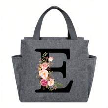1pc Elegant Floral & Letter Tote Bag - Insulated Lunch Bag, Made Of Durable Polyester, Grey With Pink Flowers & Green Leaves, Suitable For Office, School And Outdoor Picnic