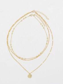 2pcs Layered Round Pendant Beaded Necklace For Women, Golden Color (Random Bead Quantity)