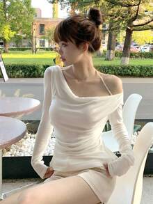 女式露肩长袖 T 恤，纯色针织面料，套头街头风格上衣，秋冬 - 白色 - 查看 6