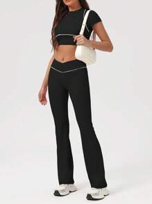 Sodalemon Women Color Block Fitness Set Short Sleeve Yoga Training Crop T-Shirt V-Cross Lift Buttocks Casual Flare Pants 2 Pcs Sport Set