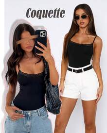 Women Lace Bodysuit Sexy Square Neck Sleeveless Cami Spaghetti Strap Thong Bodysuit Backless Body Suits Tops Leotard - Black Floral - View 8