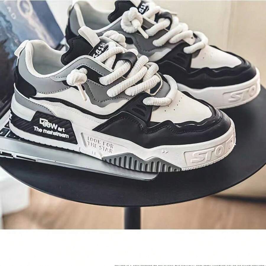 男士 PU 皮革厚底多功能运动鞋，休闲运动面包鞋 - 黑與白 - 查看 1