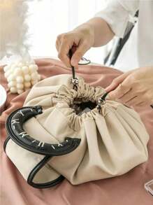 1 pièce Sac à maquillage grande capacité à cordon, sac cosmétique en PU imperméable portable, fourre-tout de voyage estival, sac de rangement multifonctionnel pour maquillage, idéal pour la fête des mères, les demoiselles d'honneur, les cadeaux pour les enseignants, les accessoires de mariage, les cadeaux de vacances