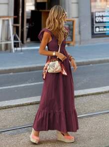 Vestido largo elegante de manga de vuelo con diseño elegante, vestido de verano cómodo y sencillo de unicolor para vacaciones, vestido casual de moda rojo para mujer