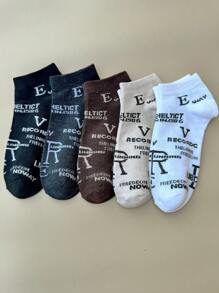 5 Pairs/10 Pairs Women Short Socks, Multi-Color Letter & Stripe Pattern, French Luxurious Retro Style, Fashion Versatile Ladies Socks For Spring & Summer