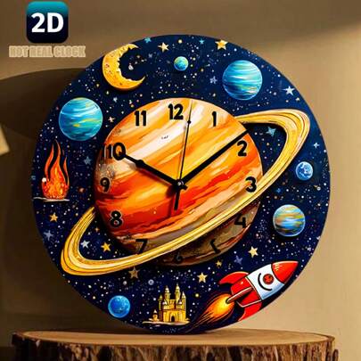 Placa de metal plana 2D com relógio de planetas cósmicos, 20 cm (8 polegadas), não funcional, decoração de parede, tema espacial vibrante com design celestial colorido, ideal para casa, escritório, café, bar, jardim, decoração de quartos, presente exclusivo para as festas de fim de ano, estilo de furo aleatório