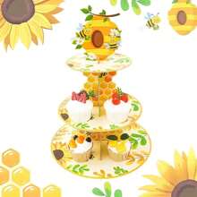 4 Stücke 3-stufiger Cupcake-Ständer im Bienenmotiv - lebendiges Gelb und Grün Design mit Wabenmuster und Blumenmuster, ideal für Baby-Shower, Hochzeit, Geburtstagsparty Dekoration, Bienen Dekor