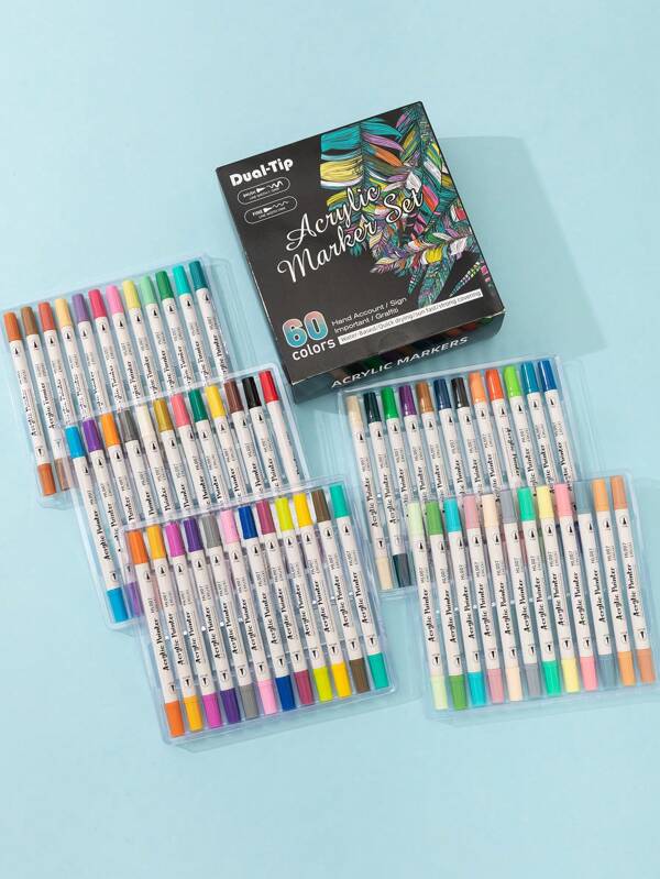 60 Colors Double-Ended Acrylic Markers, Drawing Painting Marking Broad Tip 1-5mm, Fine Tip 1mm, Art Design, Painting Kit, Graffiti DIY, Office Supplies School Supplies,Back To School