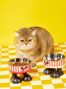 1pc Elevated Cartoon Cat Dog Pet Food Water Bowl With Spill Prevention, Raised Feeder