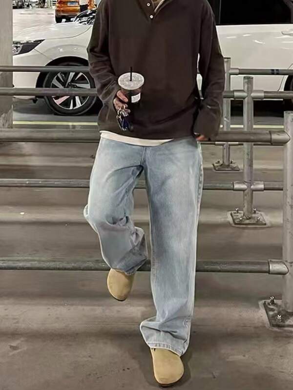 1 件休闲时尚浅蓝色宽松直筒洗水牛仔裤，适合春夏秋冬