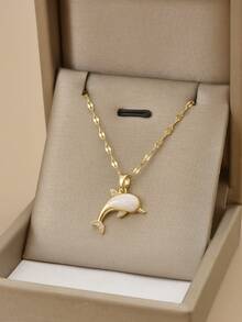1 件可爱水钻镶嵌不锈钢海豚和海洋生物项链，精美沙滩装珠宝，海洋主题系列 - 金黃色 - 查看 3