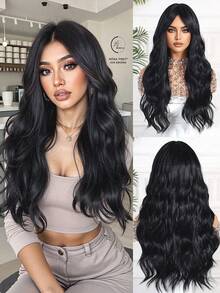 时尚蝴蝶发型合成假发 26 英寸自然黑色卷曲波浪假发 合成中分假发 女士女孩无蕾丝合成假发 音乐节 - 自然黑 - 查看 7