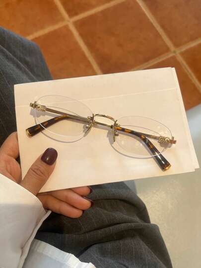 复古Y2K无框轻便无度数眼镜，女士奢华设计金属框椭圆形小号时尚无框眼镜，适合日常佩戴，附赠眼镜盒（仅限1副无度数透明镜片眼镜）