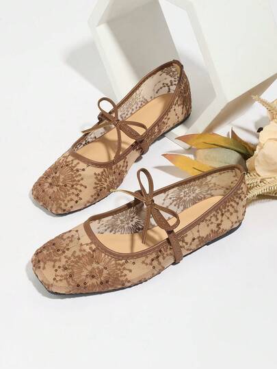 Women Brown Flat Ballet Flats With Bowknot & Floral Embroidery Decor, Summer Breathable Hollow Mesh Sandals, Square Toe Glitter Wide Fit Mary Jane Shoes