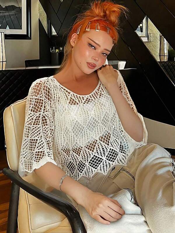 Summer New Hollowed Out Thin Vacation Style Hooded Women's Beach Wear Loose Crochet Top