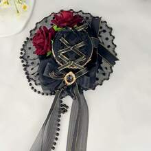 1 Stück Vintage Gothic Stil Rose Spitze Mini Hut, Lolita Stil Haarschmuck mit kleiner Kreuz Perlen Kette, Haarspange mit burgunderroter Blumen Deko für Partys, Kostümspiele, passend für Hochzeit, Ball und besondere Anlässe, exquisite Spitze
