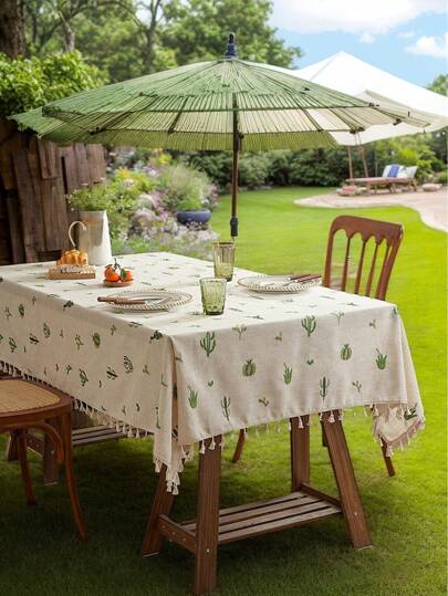 1 pezzo Tovaglia da tavolo con ricamo di cactus e nappe, decorazione floreale delicata, adatta per soggiorno, camera da letto, cucina, tavolino da caffè, mobile TV, con bordo in pizzo
