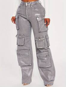 GLOURI Y2K Metallic Silver Cargo Jeans - High Waist Baggy Straight Leg Pants W/ Stretch With Multi-Pockets | Streetwear Festival Pants For Night Out And Weekend Vibes - Bạc - Xem 1