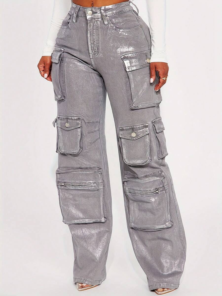 GLOURI Y2K Metallic Silver Cargo Jeans - High Waist Baggy Straight Leg Pants W/ Stretch With Multi-Pockets | Streetwear Festival Pants For Night Out And Weekend Vibes - Bạc - Xem 1