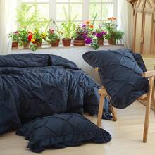 Vclife Vintage Floral Comforter Set Four Sizes, All Seasons Muslin Cotton Bedding Set, 3 Pieces Farmhouse Shabby Chic Jacquard Floral Comforter Set Perfect For Women And Men - 胖被套裝-抓皺+雙層荷葉邊-藏青 - 查看 6