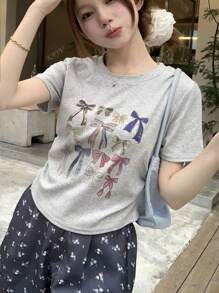 Butterfly Print Crew Neck Cinched Waist Short Cropped T-Shirt