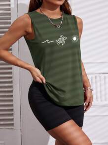 Women's Casual Versatile Turtle Print Sleeveless Tank Top, Military Green