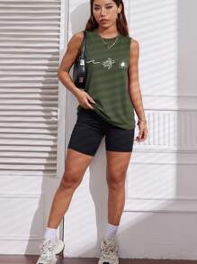 Women's Casual Versatile Turtle Print Sleeveless Tank Top, Military Green