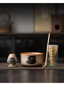 1 pieza Juego de accesorios de matcha japonés de cerámica con: batidor de matcha en forma de gato, tazón de matcha vertical, cuchara de matcha. Fabricado a mano con alta resistencia a la temperatura, durable y fácil de limpiar. Adecuado como regalo para vacaciones, cumpleaños, para usar en el hogar, al aire libre u oficina, vuelta al colegio
