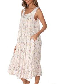AVIIER Cotton Nightgowns For Women Sleeveless House Dress Ladies Long Nightdress With Pockets S-XXL