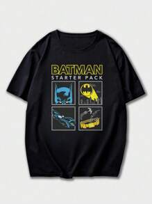 Camiseta de manga corta con estampado de dibujos animados de Batman en colaboración con Warner Bros, de uso informal para hombres en verano