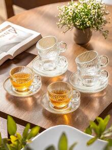 1 套，透明玻璃咖啡杯套装 - 6 个杯子 + 6 个碟子，玻璃浓缩咖啡杯碟套装 - 带手柄的小咖啡杯 - 迷你玻璃杯，送给咖啡爱好者的礼物 - 彩色 - 查看 1