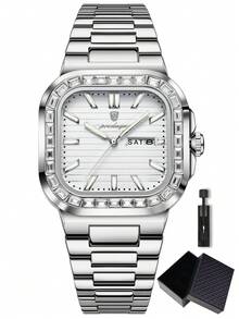 POEDAGAR 1块不锈钢方形表盘日期石英表，休闲防水夜光男士手表，时尚腕表，适合日常佩戴，男士礼物 - 均碼 - 查看 15