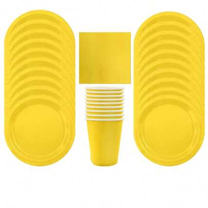 10件套黄色一次性餐具套装 - 10个盘子、9盎司杯子和餐巾纸，适用于生日、派对、野餐和烧烤装饰