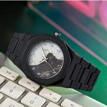 1 pieza Reloj de pulsera de cuarzo clásico y creativo para hombre, de estilo casual de negocios en azul, negro y rosa, con diseño de números arábigos y dibujos animados, adecuado para la oficina, deportes, cumpleaños, regalo para días festivos