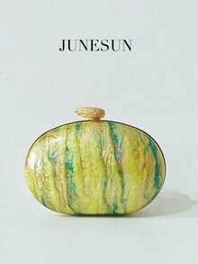 New Arrival Yellow-Green Painted Acrylic Evening Bag, Elegant Vintage Metal & Pearl Decorated Clutch Handbag, Fashion Party Wedding Formal Event Asymmetric Chain Shoulder Bag, Bridal Makeup Cosmetic Hard Box Purse - Multicolor - View 2