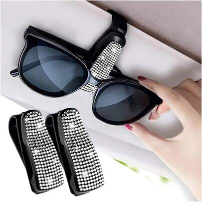 Clipe Suporte para Óculos de Carro com Strass, Suporte para Óculos com Porta-Cartão e Bilhete, 1 Peça