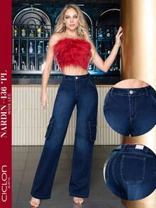 Pantalón Ciclon Jeans Nardin De Mezclilla Azul, Jeans Cargo, Jeans wide leg, Tiro Alto, Reduce el Abdomen, Jeans Clásicos, jeans mujer, mezclilla stretch, Casual Uso Diario, Pantalones jeans anchos de cintura alta azul, con múltiples bolsillos, estilo militar - trendy y prácticos, Vaqueros con bolsas, Jeans de mezclilla de pierna ancha recta de diseño simple con cintura alta para mujeres a la moda, Pantalones de moda, Pantalones largos, Pantalones amplios,  Jeans De Carga De Bolsillo Con Solapa De Cintura Alta Y Costado - Azul - Ver 7